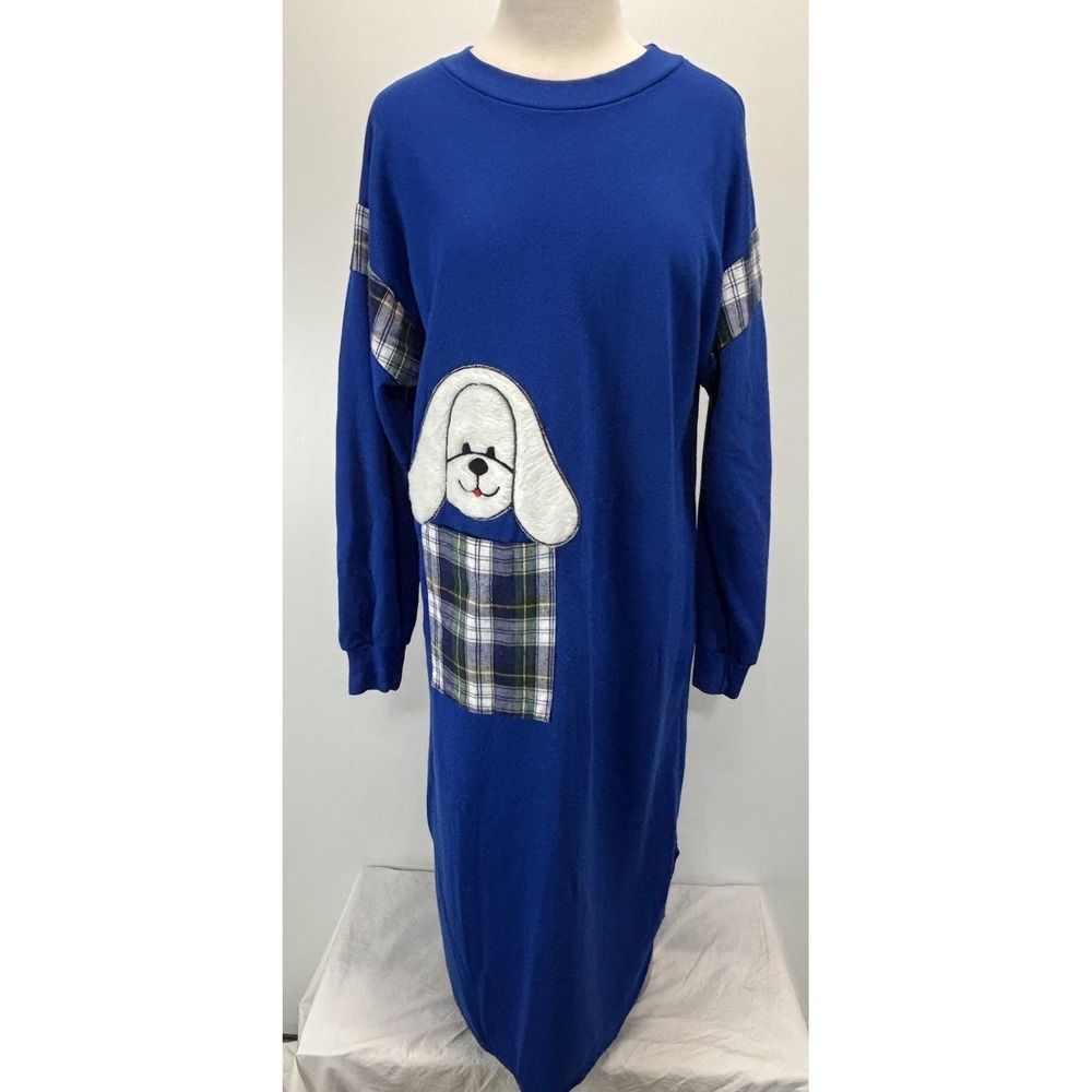 Vtg Leisure Life Sleep Shirt Long Nightgown Sz Medium Blue Fuzzy Dog Pocket USA